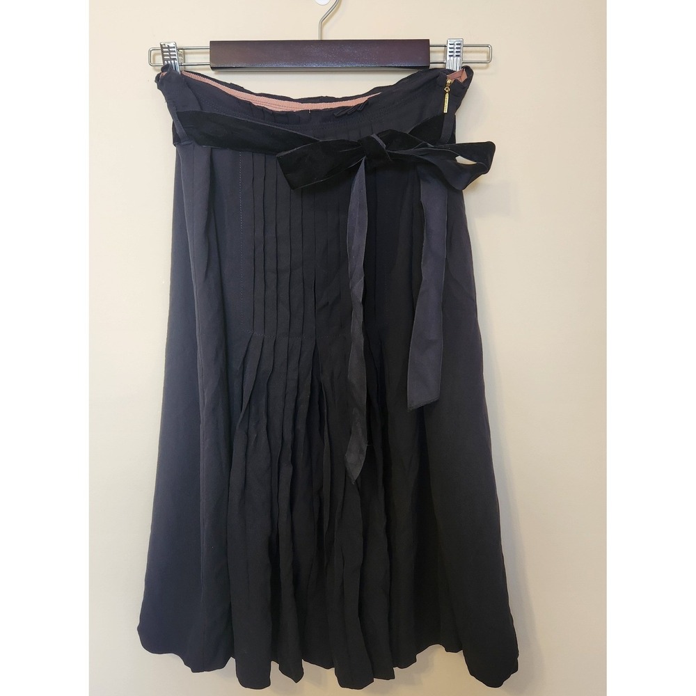 Tory Burch Black A-Line Pleated Midi Skirt with Bow